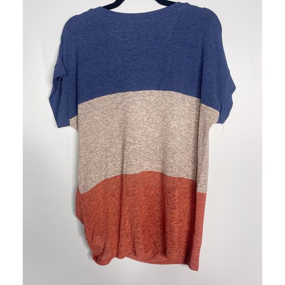 New She + Sky Large L Blue Brown Orange Twist Front Color Block Striped Shirt - Picture 2 of 8